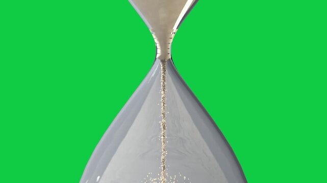 Flip starting hourglass, glass timer pouring sand into rising mound, measuring time, transparent bg
