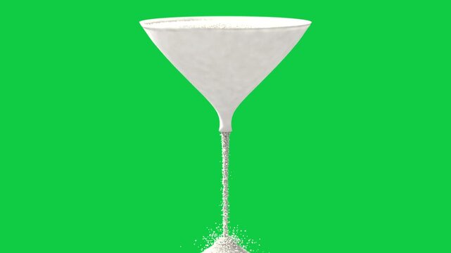 Funnel emptying, releasing sand, stream narrowing into column, pile forming cone on transparent bg