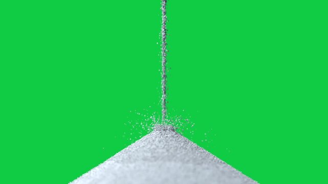 Stream release causing grains falling, hitting cone, building pile and scattering on transparent bg