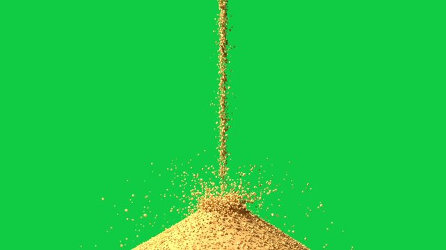 Gold beads stream falling striking conical mound launching arcs forming pile on transparent layer