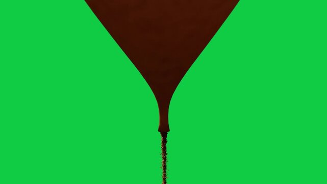 Terracotta funnel starting stream from tip, pouring sand, visualizing flow on transparent black