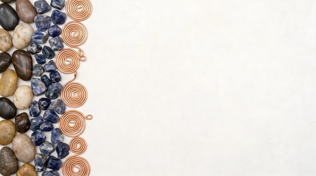 Elegant White Background with Vertical Border of Dark Stones and Golden Beads on Left Side