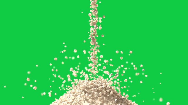 Spout emitting cream grains center stream growing round pile spraying ring on transparent backdrop