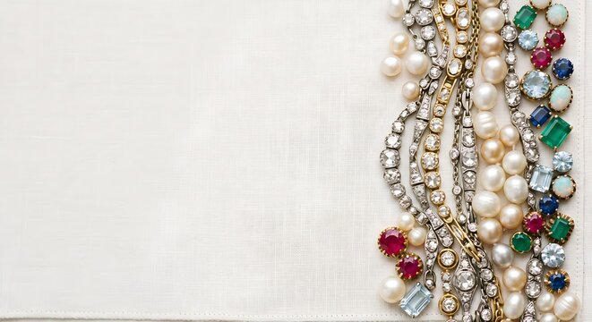 Luxurious White Background Decorated with Cluster of Pearls Diamonds and Colorful Gemstone Jewelry