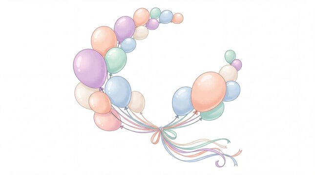 A bunch of balloons tied with decorative ribbons in pastel colors