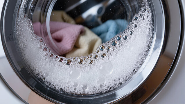 Soapy foam and colorful laundry seen through the glass door of a front load washing machine, laundry day and cleaning concept with wide copy space for text
