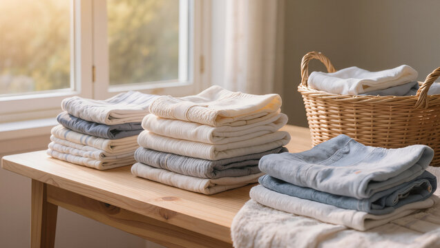 Neat stacks of folded laundry on a wooden table beside a wicker basket in warm window light, tidy home and laundry concept with wide copy space for text