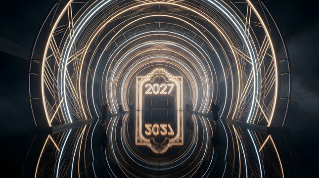 Glowing neon circular tunnel frame with golden digital number 2027 sign, suitable for futuristic technology backgrounds or digital signage designs.