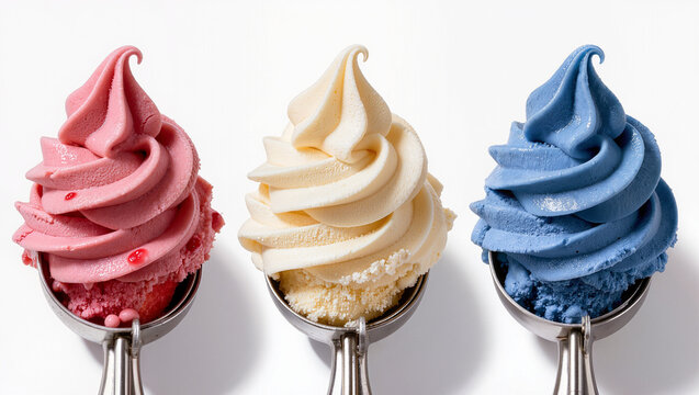 Three swirled ice cream scoops in pink vanilla and blue lined up on a white background, colorful dessert and frozen treat concept with wide copy space for text