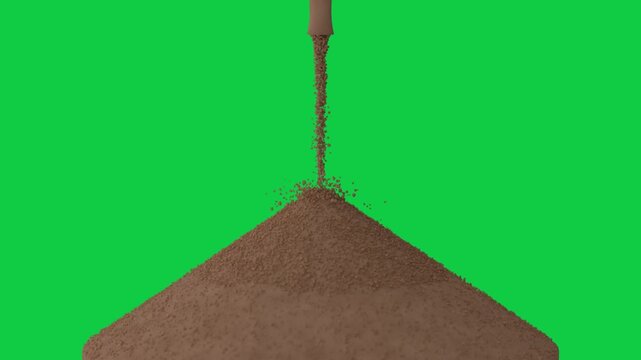 Spout opening starting sand flowing from funnel into cone pile, camera zooming transparent bg
