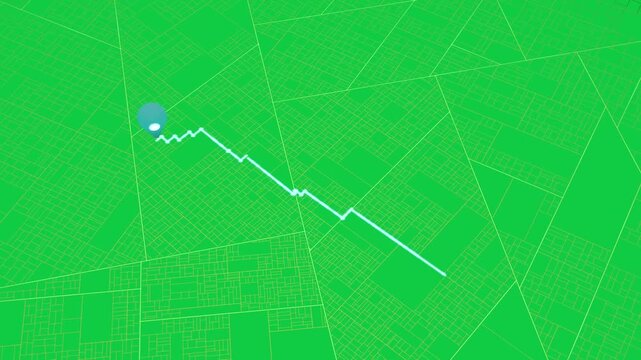 Start pin appearing, drawing cyan route, dotted-to-solid, showing route, camera tilting, alpha BG