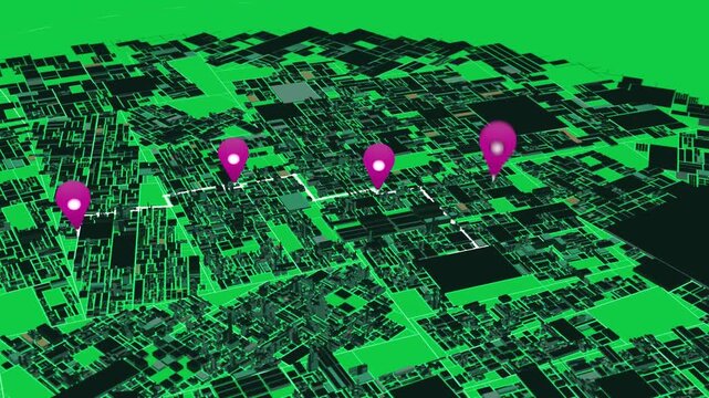 First pin popping from grid starting 3D map, transparent background pins rising