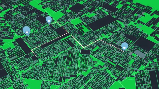 Blue pin appearing, drawing red route across cyan grid, transparent bg, panning, showing navigation