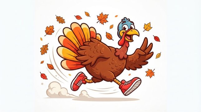 Cartoon of a happy brown turkey running in red sneakers surrounded by falling autumn leaves on a clean white background