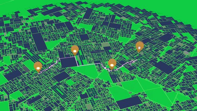 Orange pin appearing, magenta path tracing neon grid, linking pins for navigation, transparent bg