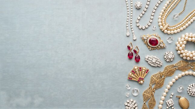 Light Gray Textured Surface with Glamorous Flat-Lay Arrangement of Pearls and Diamonds