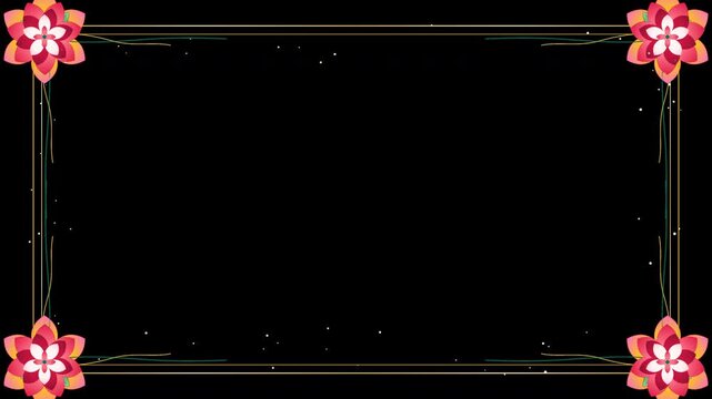 Elegant romantic 4K floral border animation featuring garden roses, peonies, eucalyptus leaves, and fine gold geometric
