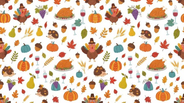 Seamless pattern with thanksgiving icons including roasted turkeys, pumpkins, hedgehogs, grapes, pears, acorns, leaves and wine glasses on white