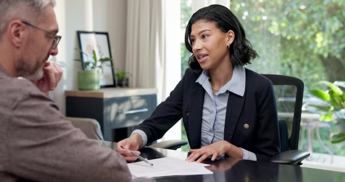 Meeting, realtor or man in home office with paper, application or review of mortgage contract. Digital, mature client or broker with document, property valuation or loan registration in consultation.