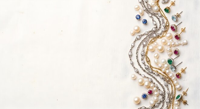 Clean White Background with Vertical Multi-Colored Gemstone and Pearl Wave Border on Right