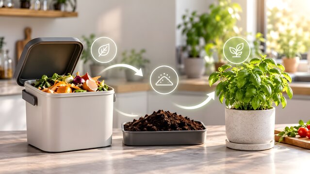 Kitchen compost bin with organic waste transforming into soil and potted basil plant representing sustainable eco friendly recycling concept