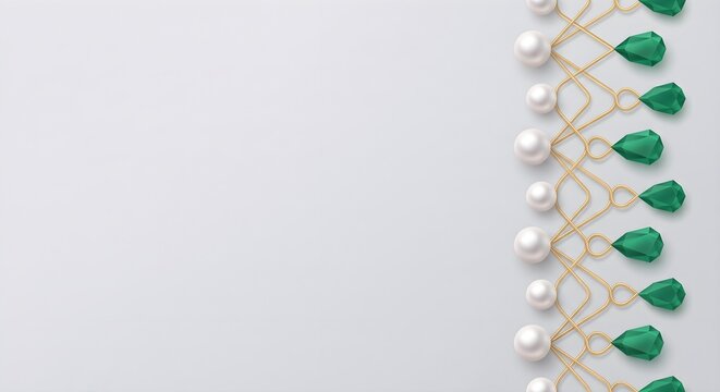 Clean White Background with Right-Side Vertical Border of Green Emeralds and Pearls