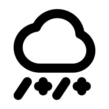 A minimalist sleet vector icon, flat UI weather symbol design, thick solid black line art, rounded stroke caps, simple cloud outline with alternating diagonal rain dashes and rounded plus snowflake sy