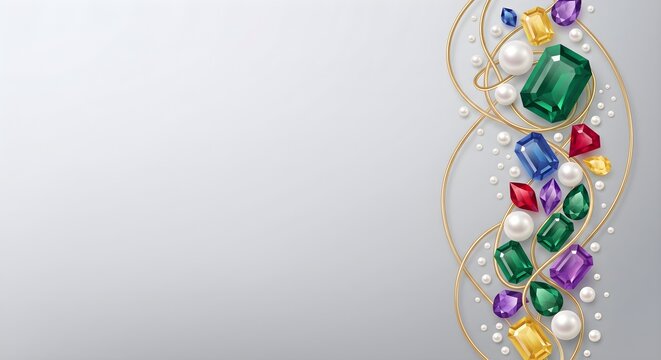 Clean Light Background with Vertical Curved Wave of Multi-Colored Gemstones and Pearls