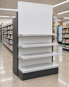 Empty retail endcap display mockup in supermarket aisle