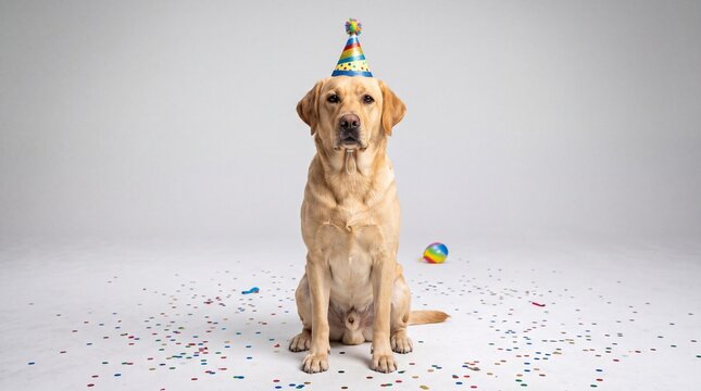 Happy birthday funny dog wearing a party hat with confetti
