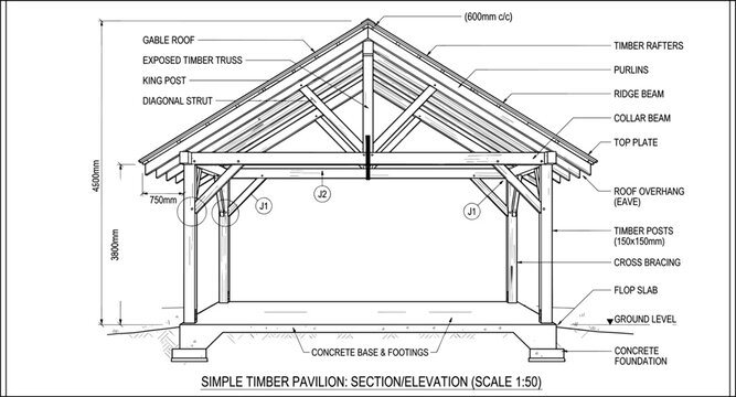 Architectural blueprint technical drawing of simple timber pavilion wooden outdoor structure with detailed roof truss construction plan