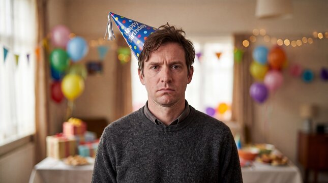 Happy birthday funny concept of sad man wearing party hat