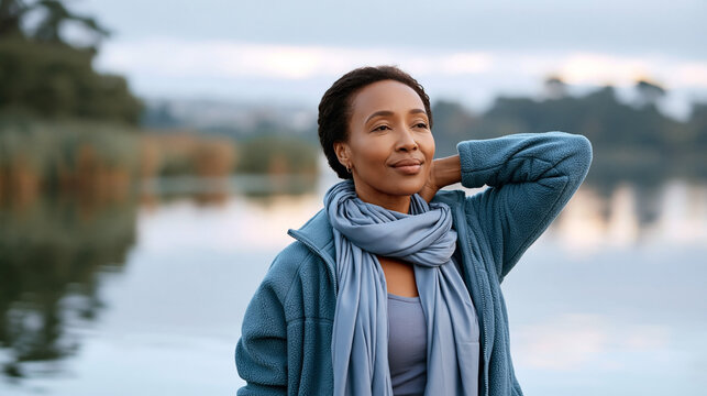 African woman standing by a serene lake, wearing a blue sweater and scarf, with a calm expression and lush greenery in the background