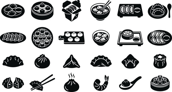 Asian dim sum icon set featuring various dumplings gyoza wontons baozi steam baskets noodle soup bowls takeaway boxes
