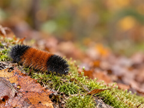 Woolly bear caterpillar crawling across moss and a fallen autumn leaf in soft woodland light showing dense black and rusty orange hairs against a colorful seasonal forest floor scene