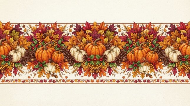 Ornate autumnal border featuring realistic pumpkins, colorful fall leaves, pinecones, and berries arranged on a light cream background