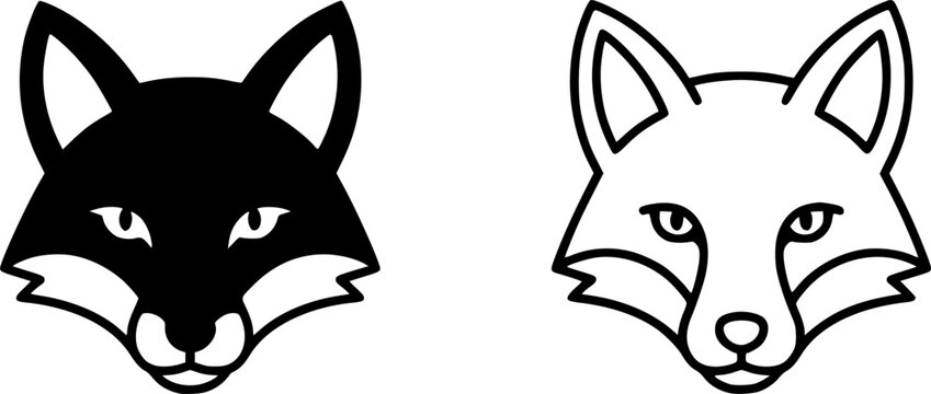 Black and white fox head icons in solid and line art styles
