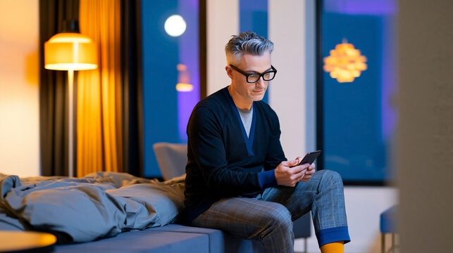 Middle-aged man with gray hair wearing glasses sits on a bed using a smartphone in a modern hotel room with stylish lighting and decor