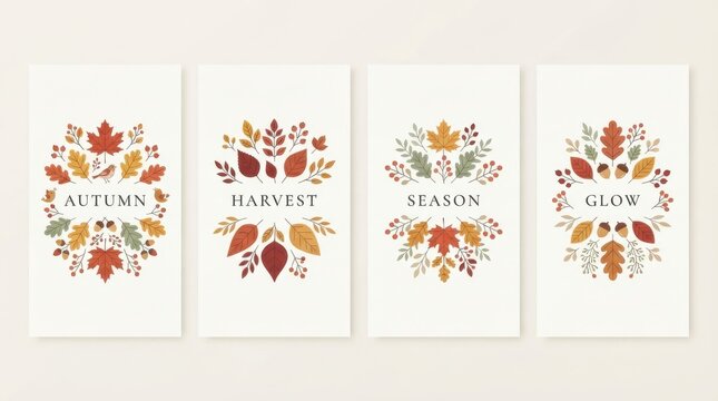 Four vertical autumn cards featuring watercolor of leaves, acorns, and seasonal text on a light cream background, for invitations