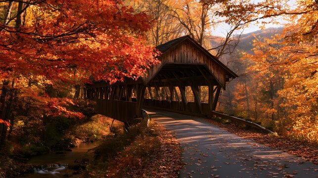 Picturesque wooden covered bridge in a vibrant autumn forest