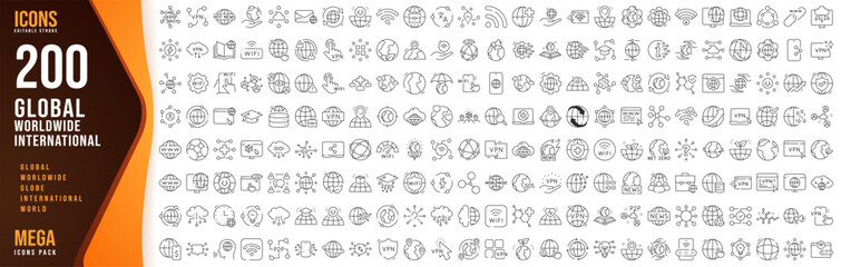 Fototapeta na wymiar 200 Global, Worldwide, International Line Icons Set, Editable Vector Collection