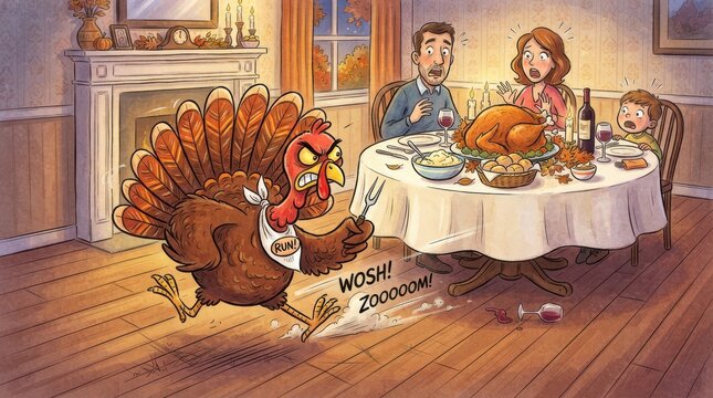 A humorous cartoon of an angry turkey running away from a family dinner table, while the family watches in shock and surprise