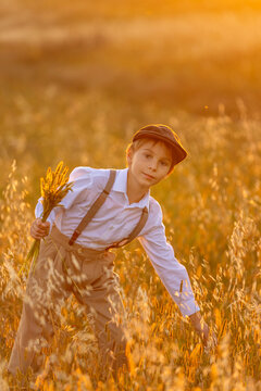 Sweet preteen child, boy, playing in a field on sunset with kite and old vingate car, walking with grandmother in the countryside