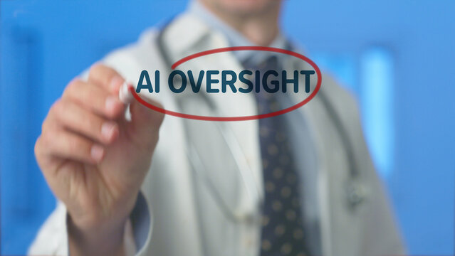 Doctor outlining the term ai oversight on a transparent screen, highlighting the critical need for artificial intelligence regulation, ethics, and control within healthcare and technology