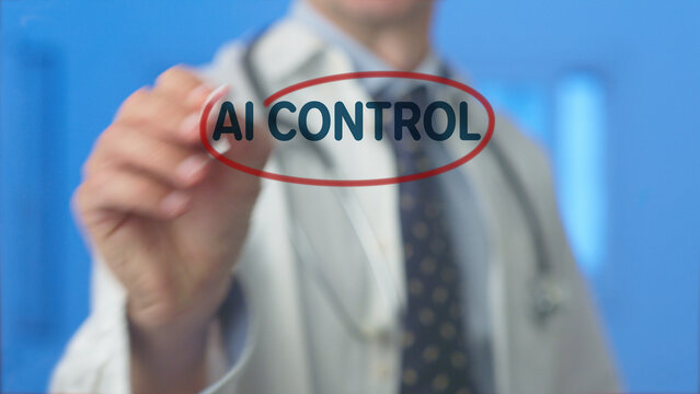 Doctor's hand writing ai control within a red circle on a transparent virtual screen, representing innovation and the future of artificial intelligence in healthcare technology