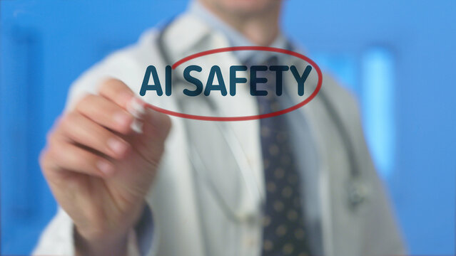 Doctor emphasizing ai safety with a circle around the text on a transparent display, representing ethical considerations and future regulations in artificial intelligence and healthcare