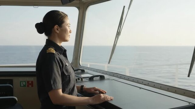 Female Ship Officer Looks at the Ocean Horizon From the Bridge
