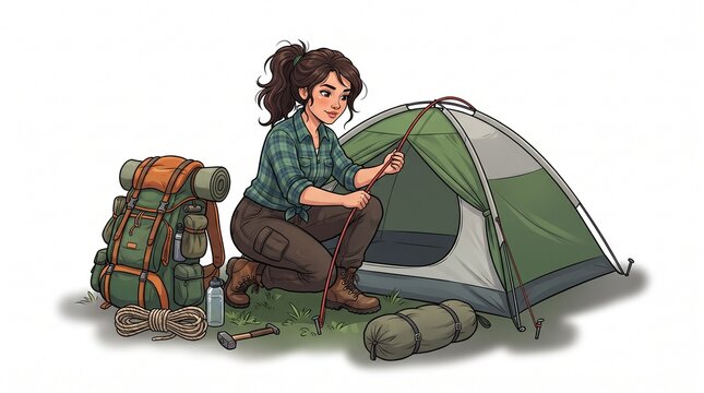Young woman setting up a tent outdoors in a camping scene with natural light