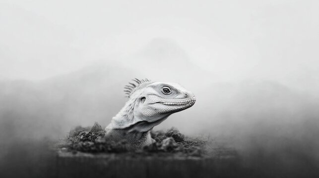 Black and white lizard emerging from mist, mountains in background