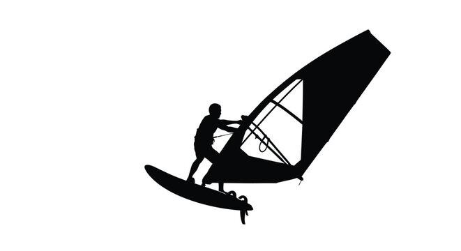 Windsurfer Silhouette Against A White Background Dynamic Watersport Scene